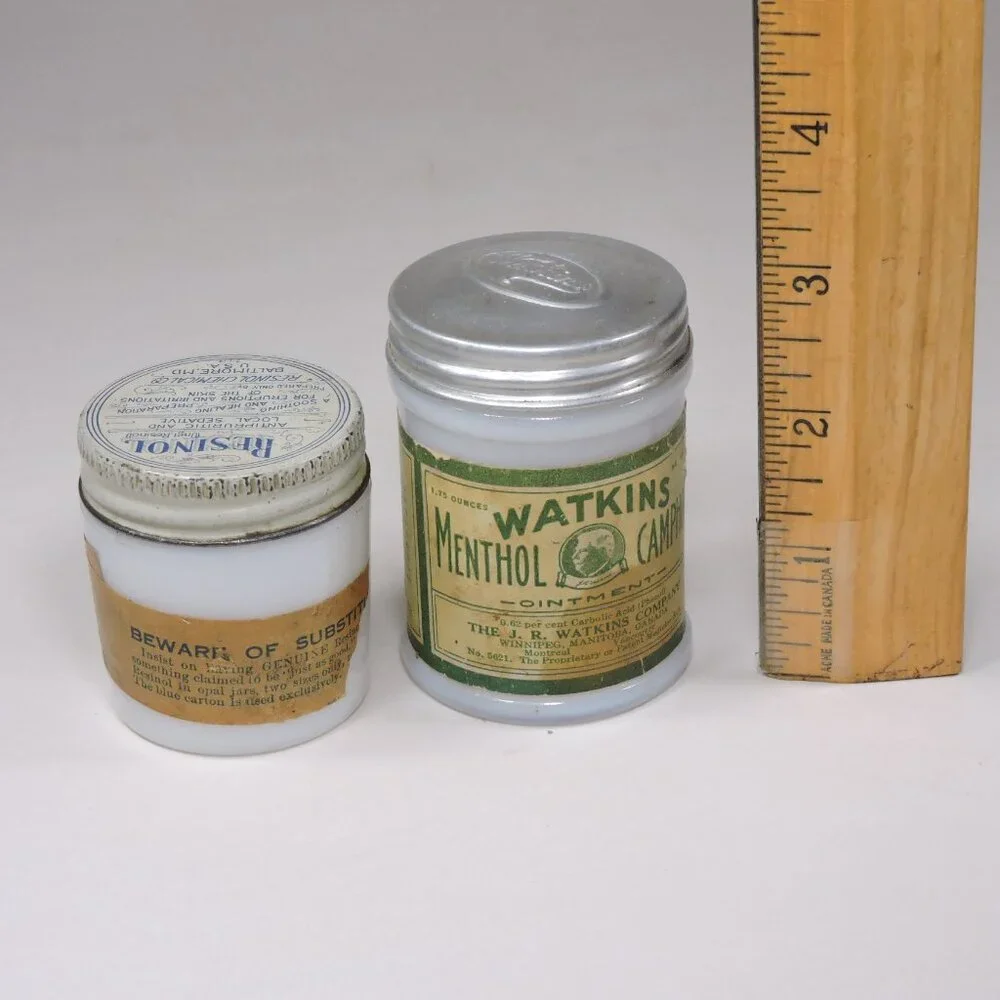 Vintage Watkins & Resinol Milk Glass Jars - Decor - Display - Empty No Contents - Picture 3 of 11
